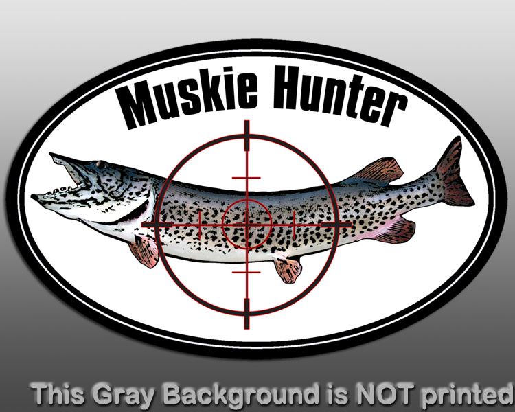 Oval Muskie Hunter Sticker   decal hunt boat fish rod  