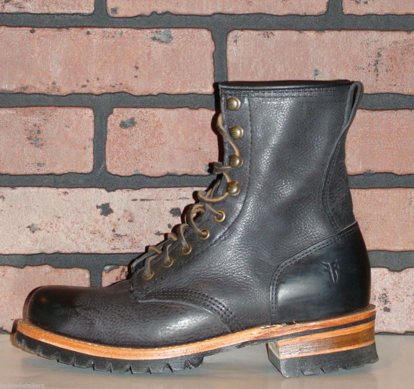 278 FRYE LOGGER Black Leather Boots Mens 7 Lace up Combat Lug Sole 