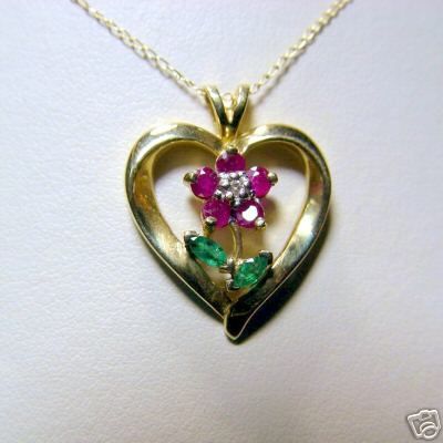 Gemstone Flower Heart Necklace Ruby Diamond Emerald 10K  