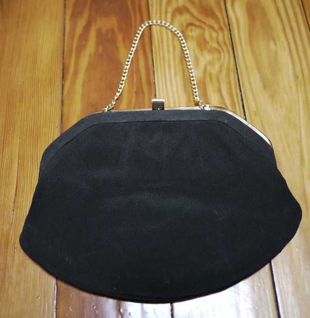 Vtg 60s Black Fabric Brass Lined Clutch Purse Bag  