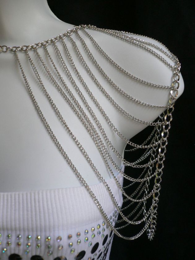   SILVER MULTI LAYERS METAL SHOULDER BODY HARNESS CHAINS FASHION JEWELRY