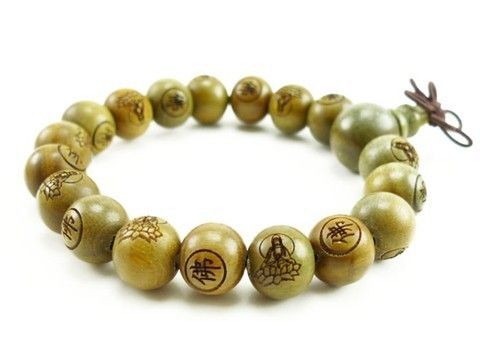   Tibetan 19 Green Sandalwood Carved Buddha Prayer Beads Mala Bracelet 7