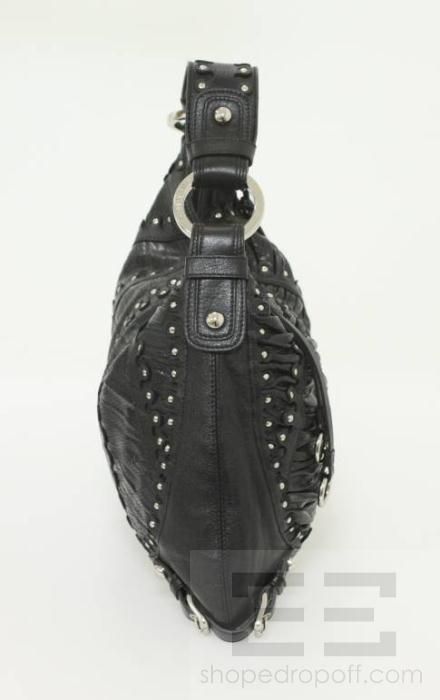   Fiore Black Embossed Ruched Leather & Silver Studded Hobo Bag  